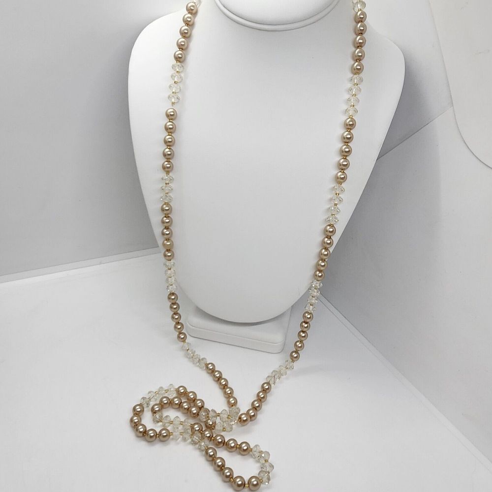 Vintage Faux Pearl Clear Bead Station Necklace